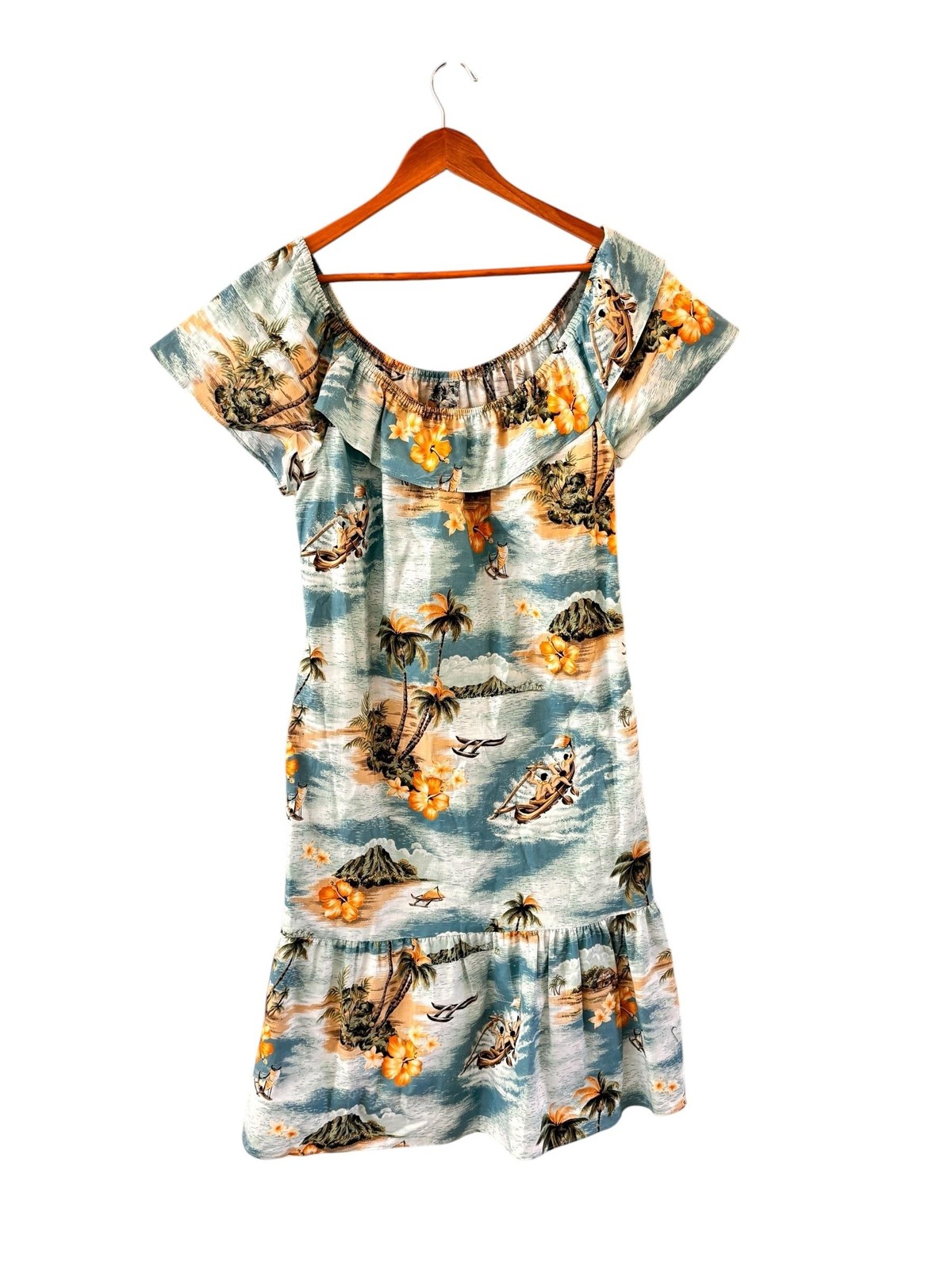 Hilo Hattie Hawaiian Midi Dress Womens S Ruffle Off Shoulder Tropical Muumuu