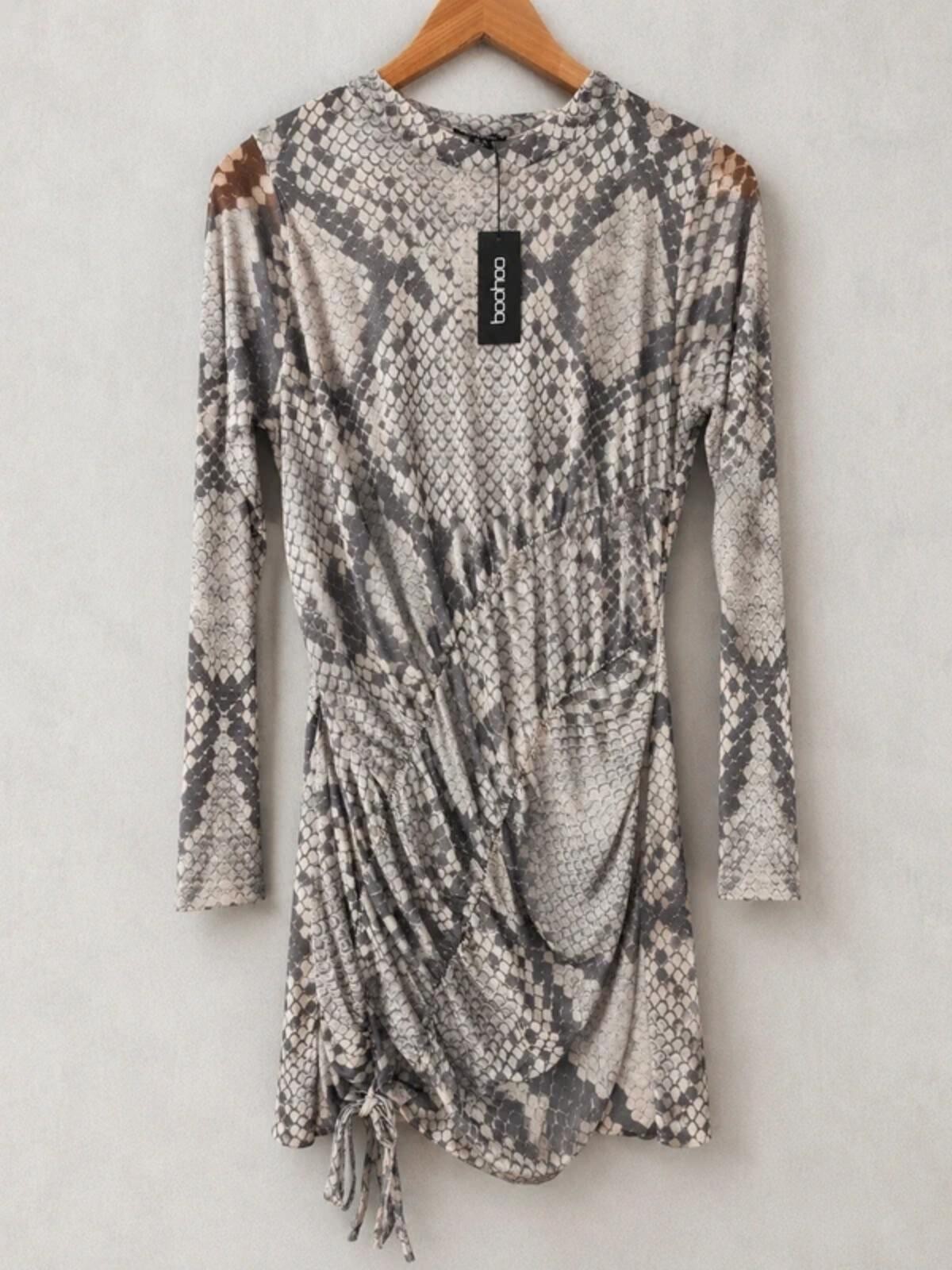 Boohoo Snake Print Ruched Bodycon Mini Dress UK14 Mesh Y2K Club Party
