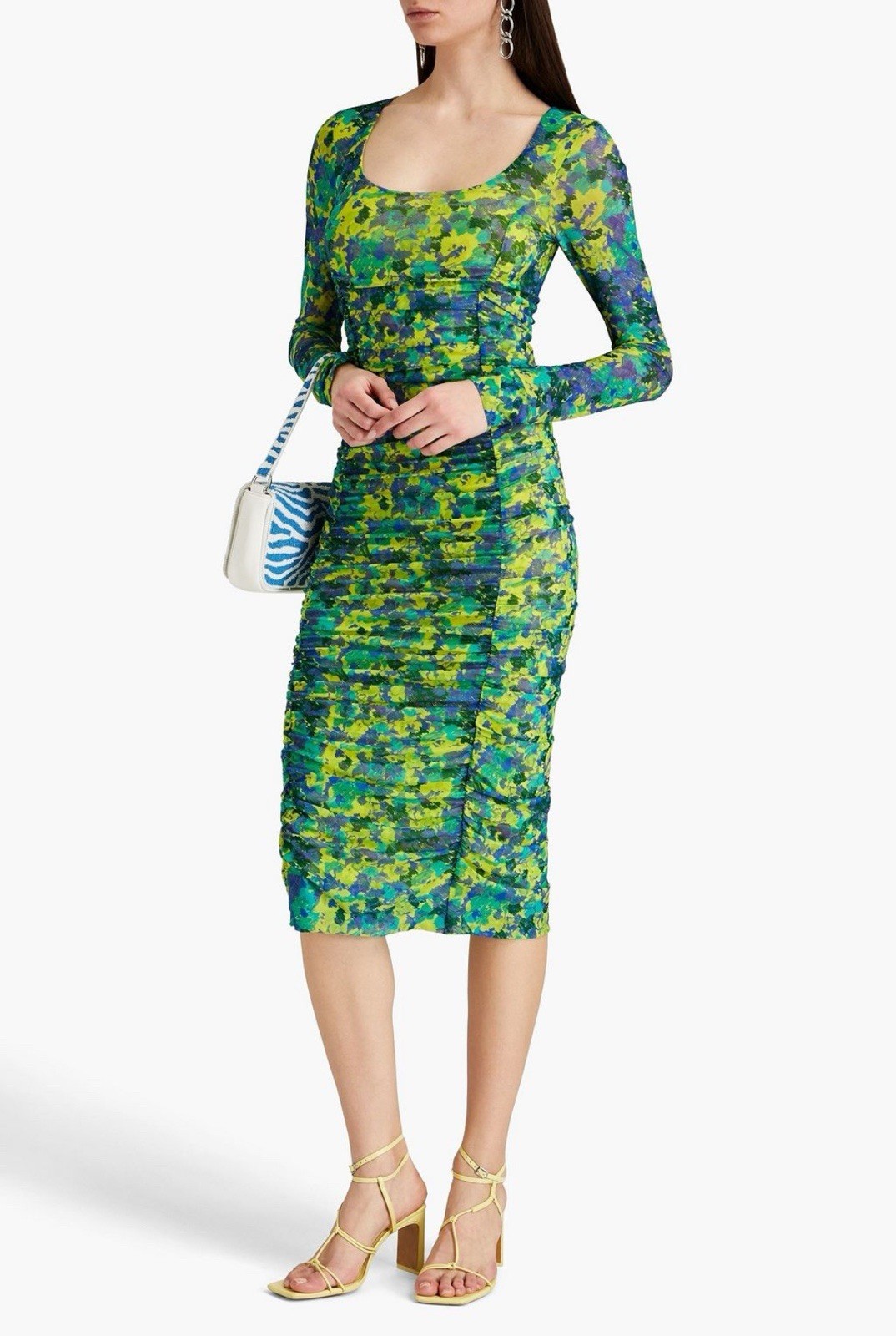 Ganni Ruched Printed Stretch-Mesh Midi Dress/ MEDIUM