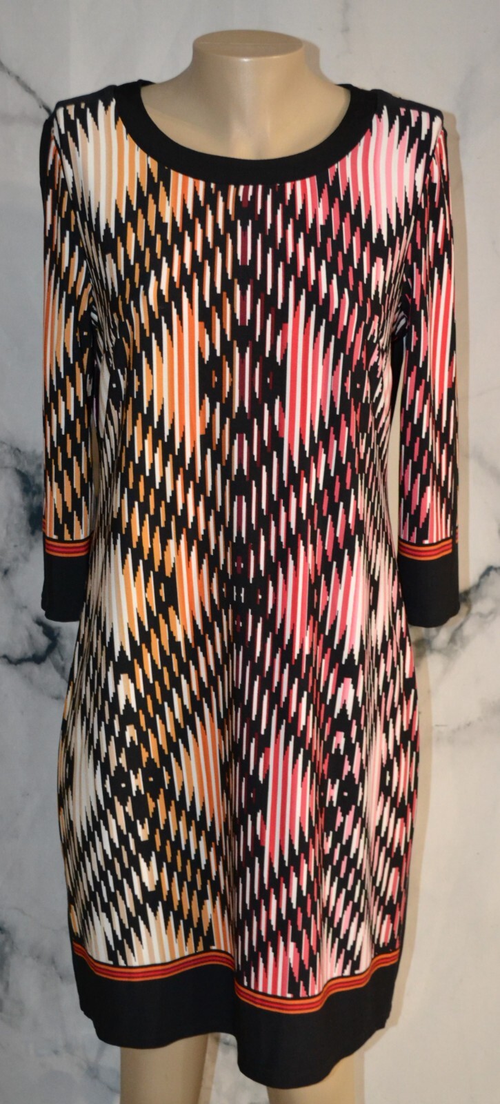 DRESSBARN Black Multicolor Striped Dress 12 3/4 Sleeves Unlined Polyester Blend