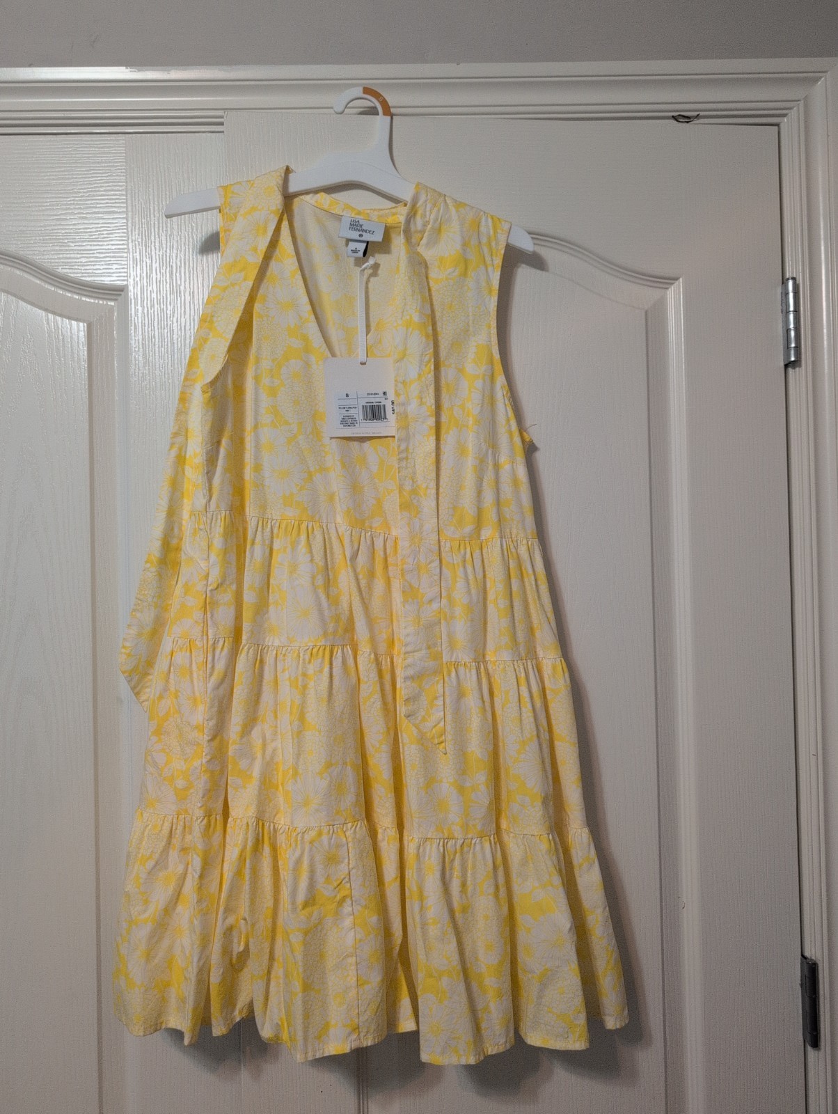 Lisa Marie Fernandez Dress Yellow Floral Tiered Pockets Cotton Sleeveless Size S