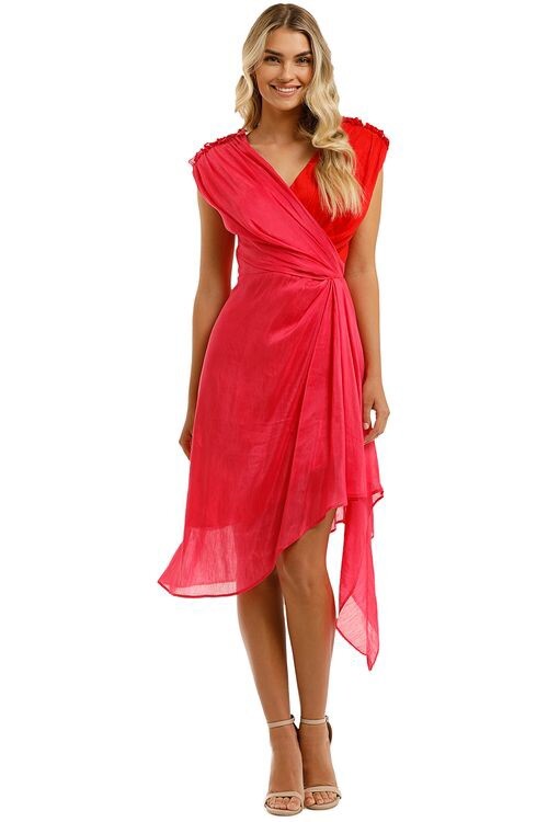 LEO LIN Silk Midi Dress Pink Red Draped Asymmetric Grecian Party Size AU 12 L