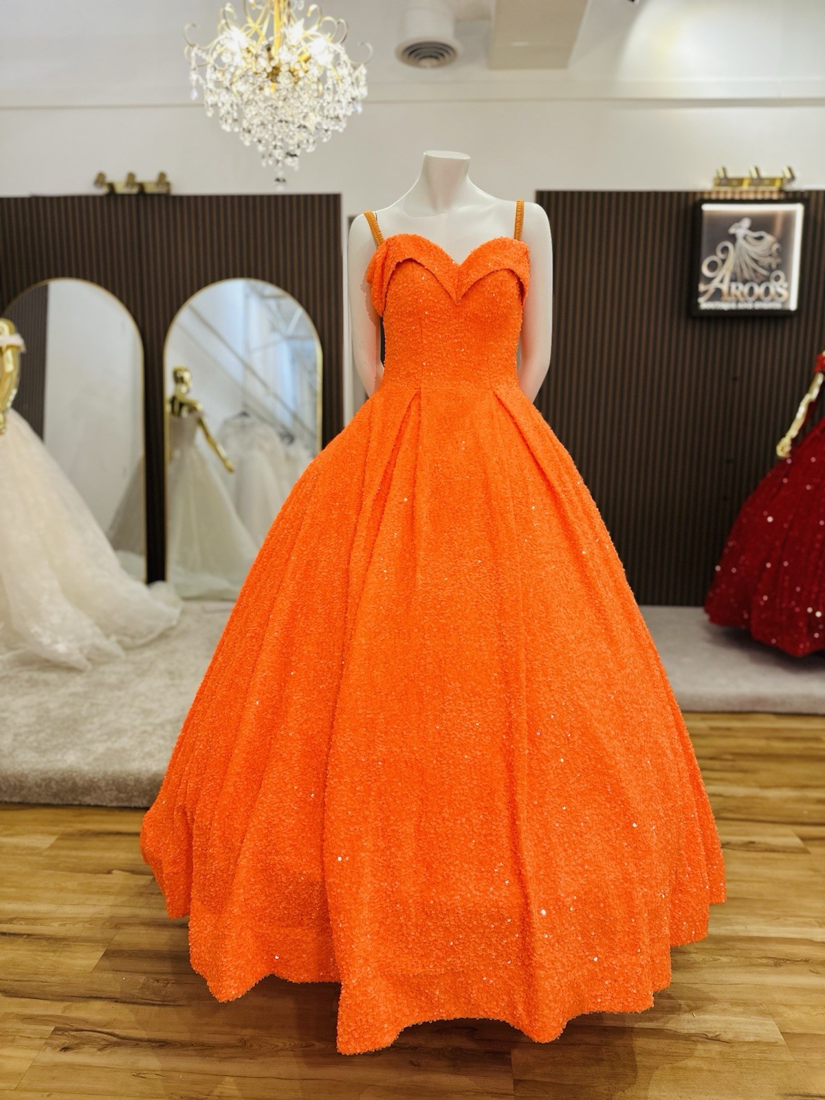 Bright orange velvet ball gown with off shoulder and Sparkly sequins ￼