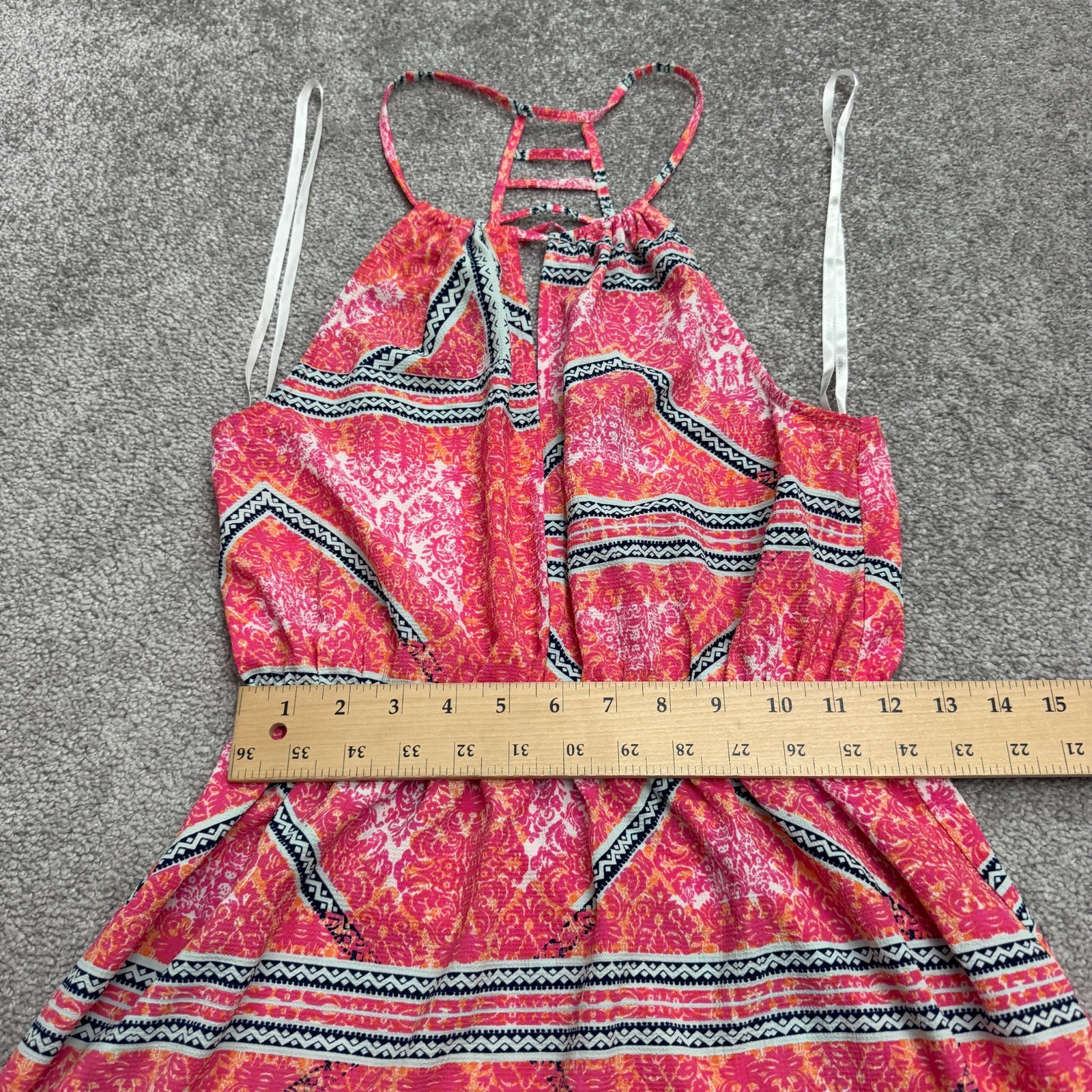 Minkpink Geometric Halter Maxi Dress Women Medium Pink Orange Backless Slit NWOT
