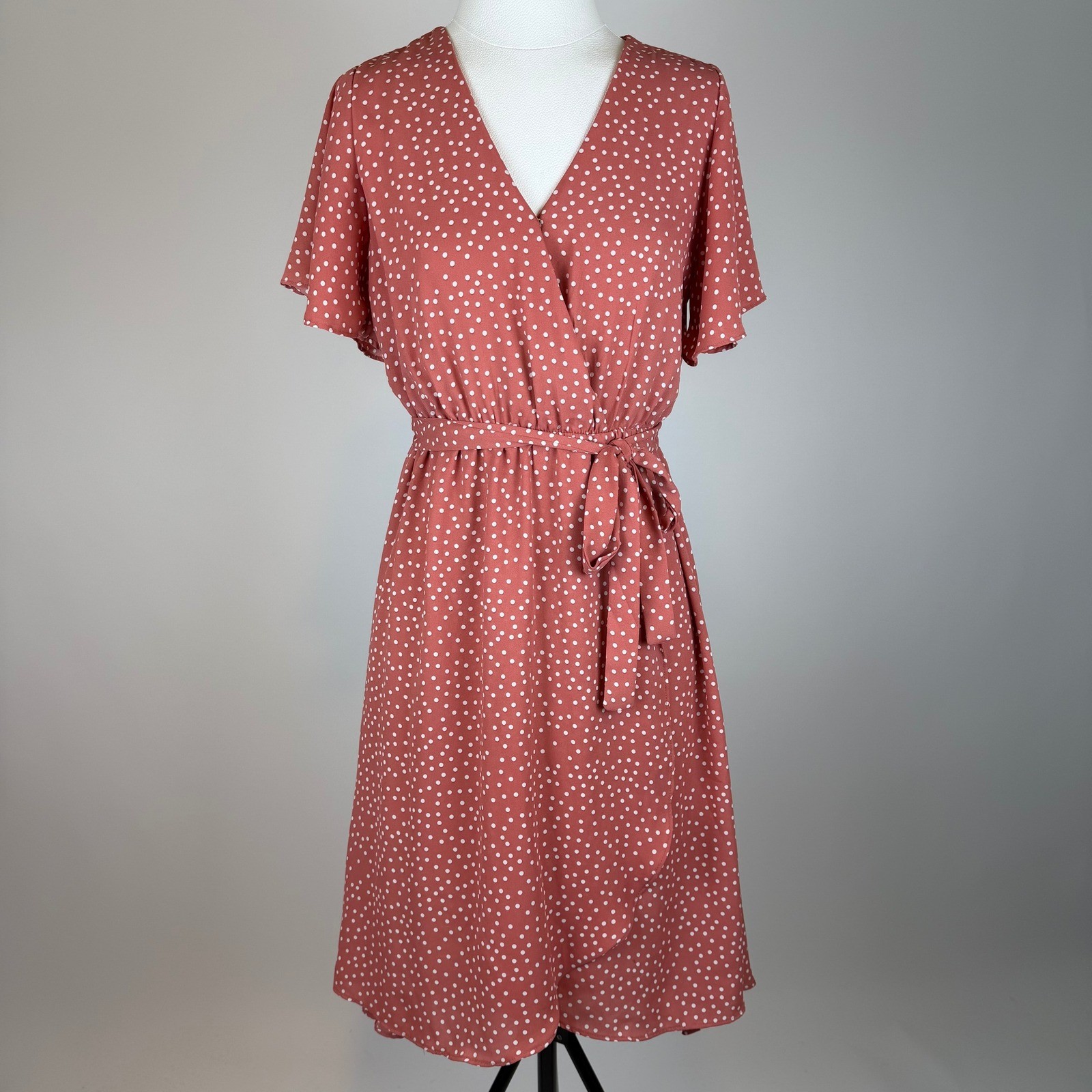 Sienna Sky Polka Dot Faux Wrap Tie Belt Midi Dress Medium Terracotta Career