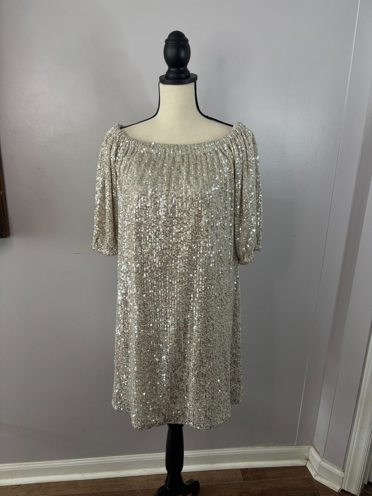 Venus Sequin Mini Dress M Silver Champagne Off Shoulder Party Cocktail Shift