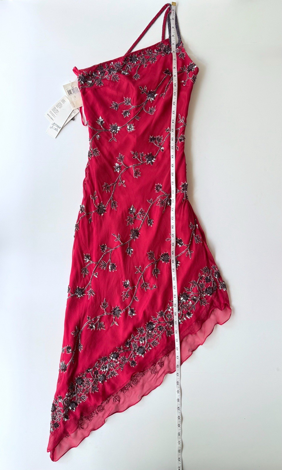 NWT Vintage Scala 1990s Red Silk One Shoulder Beaded Asymmetrical Midi Dress S