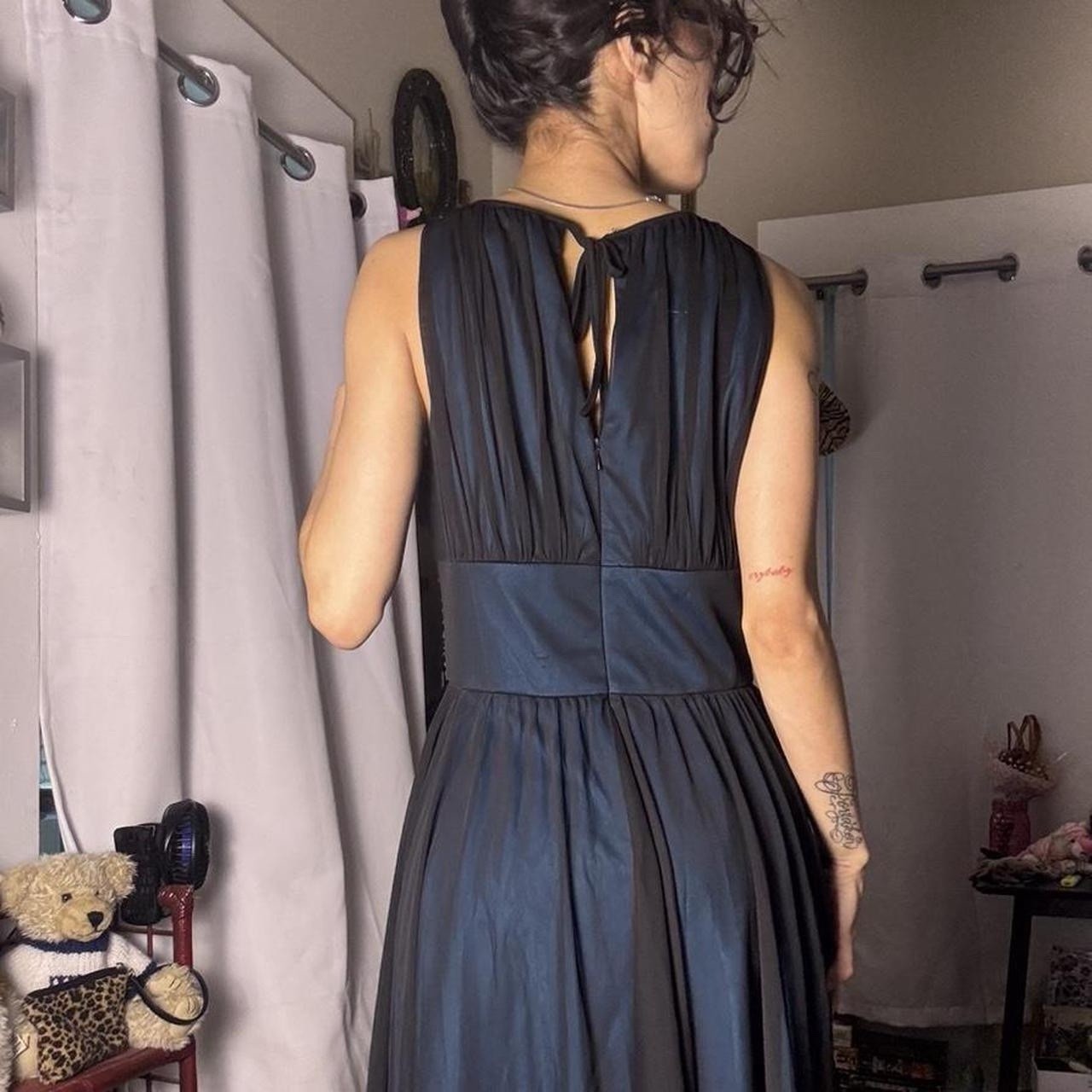 Vintage Jessica Howard Black & Blue Chiffon Dress W Beaded Waist 6P