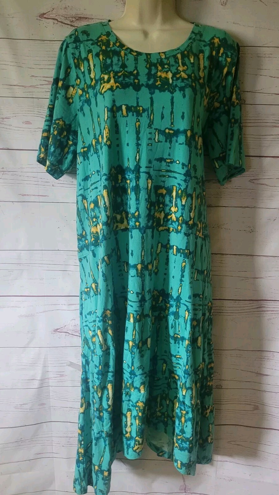 LOGO by Lori Goldstein Regular Teal Yellow Tie-Dye Tiered Dress XL Stretch