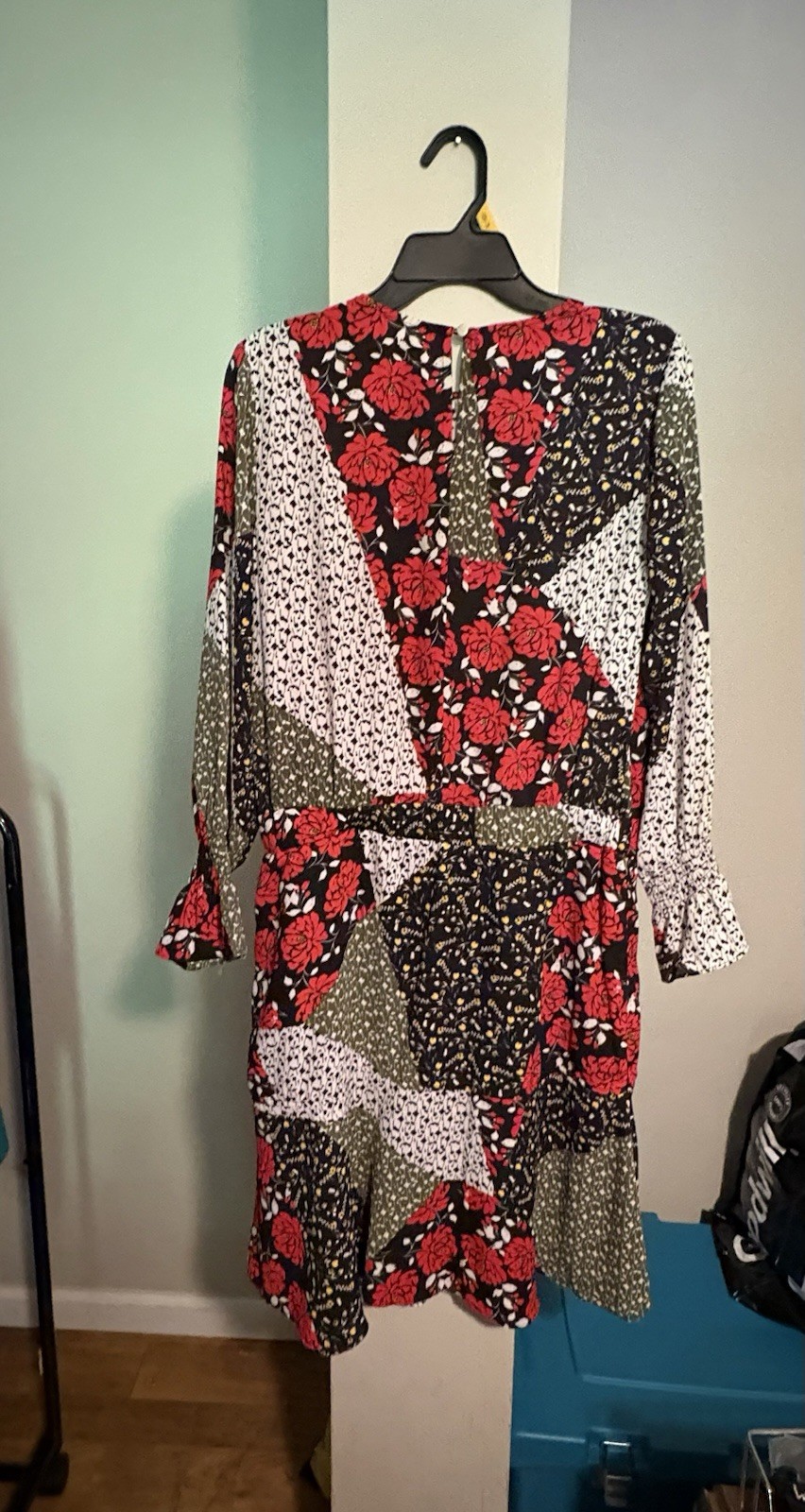 Libby Edelman Patchwork Floral A-Line Dress Long Sleeve Tie Smocked M