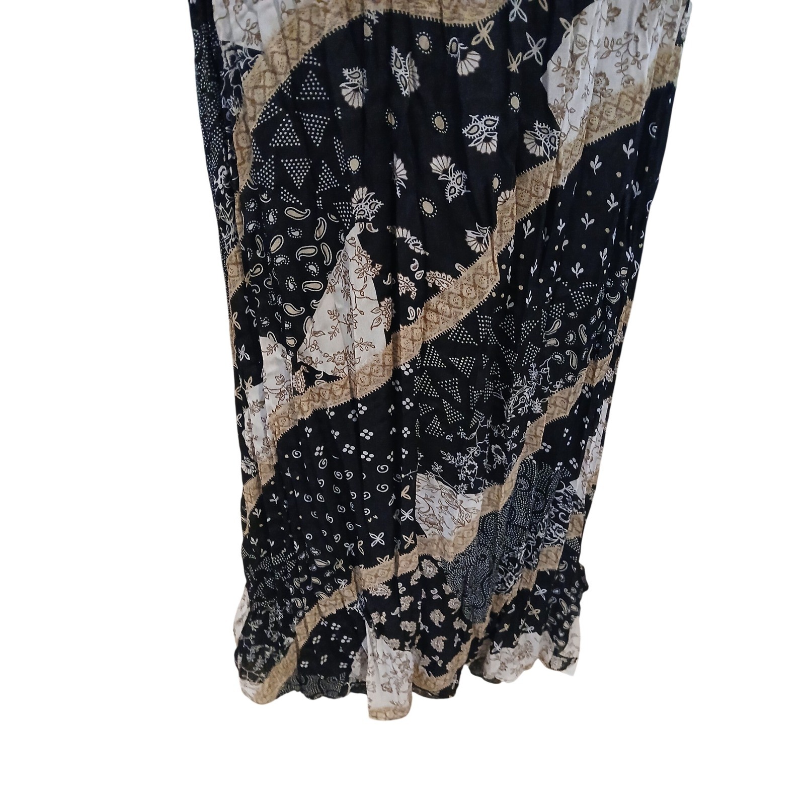 VTG XL Sleeveless Crinkle Patchwork Maxi Dress Black Tan Paisley Floral Boho
