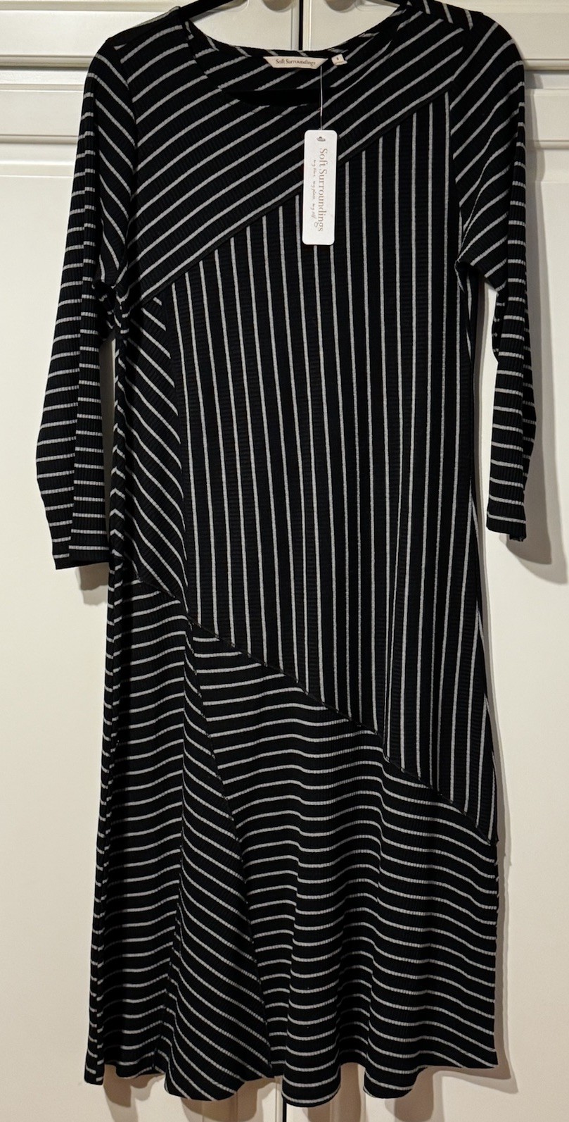 SOFT SURROUNDINGS Long Sleeve BLACK Cotton Blend Stretchy Striped Midi Dress S