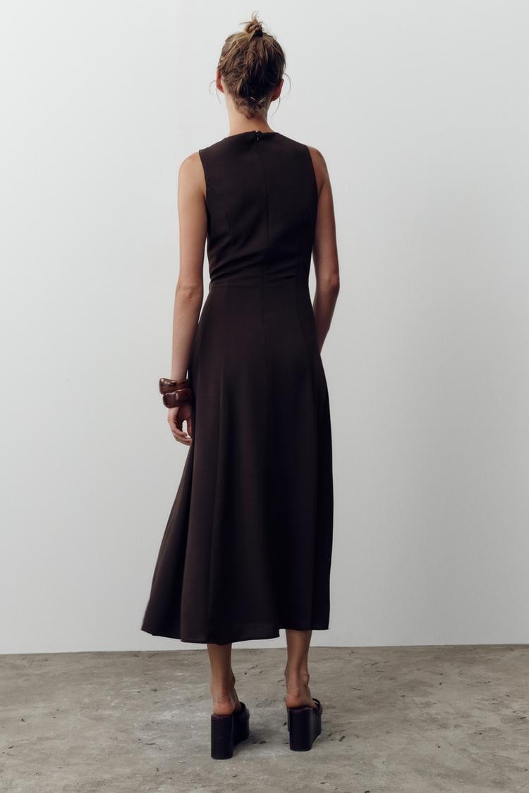 Zara Belted Midi Dress Brown Sleeveless Square Neck Gold Buckle XS S M L XL NWT