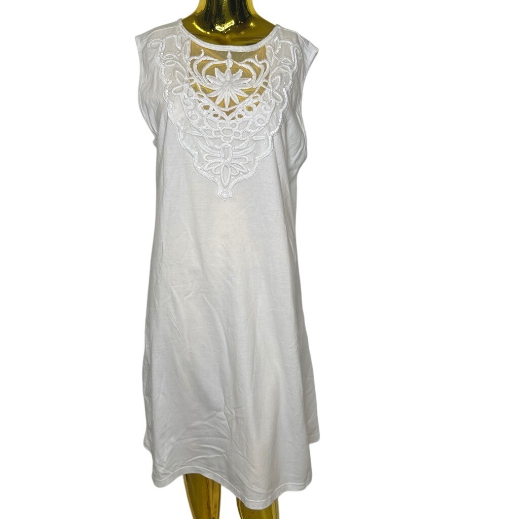 Cotton Boho White Cotton Sleeveless Sequin Embroidered Knit Dress Sundress XL