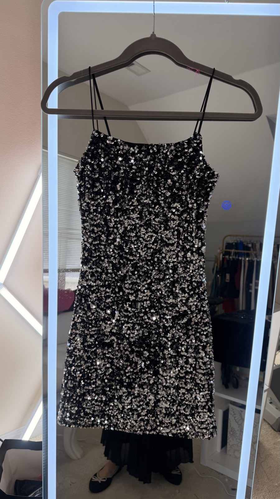 THIRTY/THIRTY LA XS Black/Silver Sequin Straight Neck Bodycon Mini Zip Dress