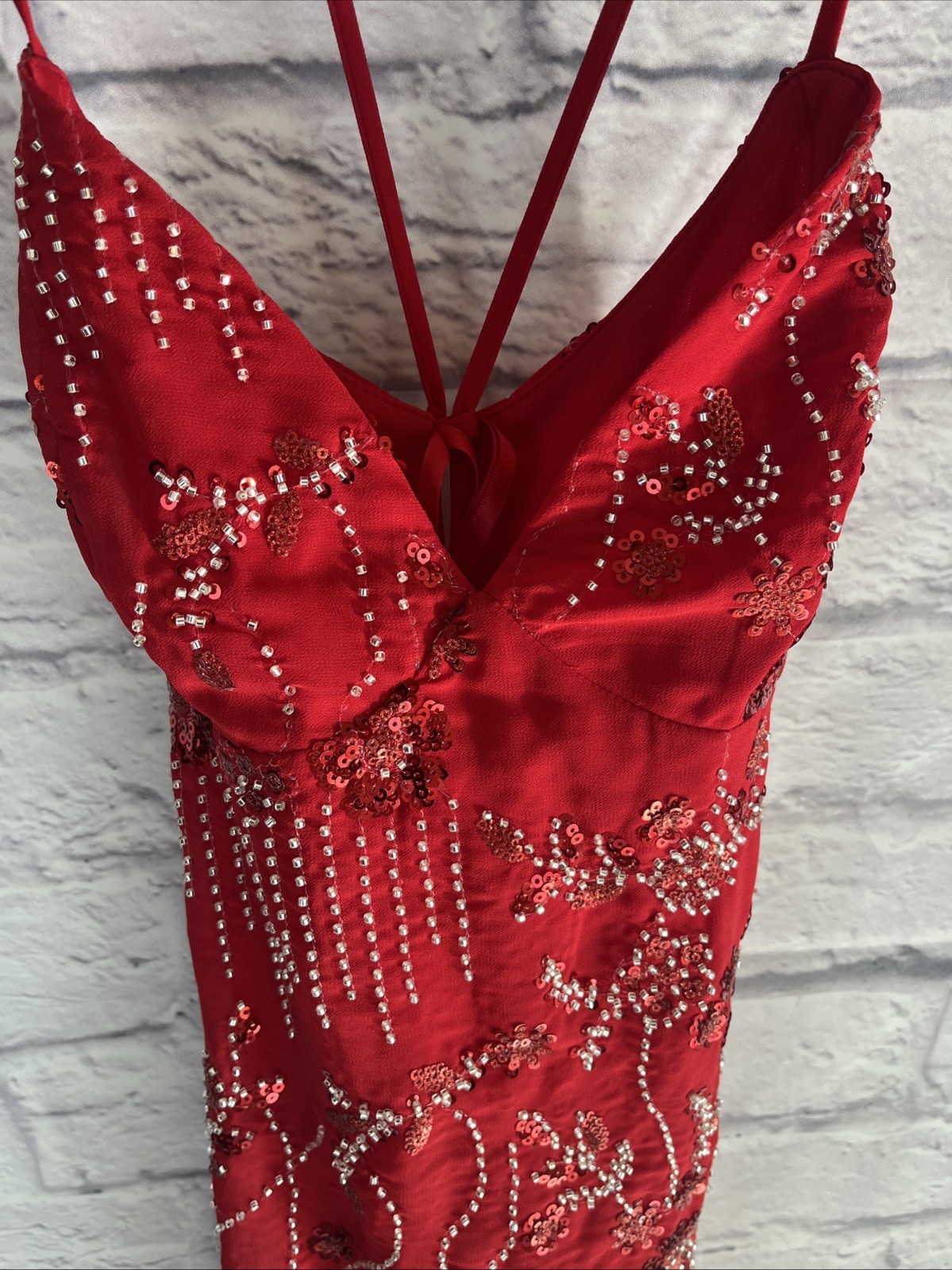 Windsor NWT Y2K Glam Red Sequin Beaded Lace Up Formal Party Mini Dress Small