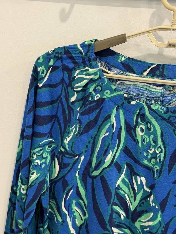 Lilly Pulitzer Elianna Blue Green Leaf Print Cotton Dress Bracelet Sleeve XL