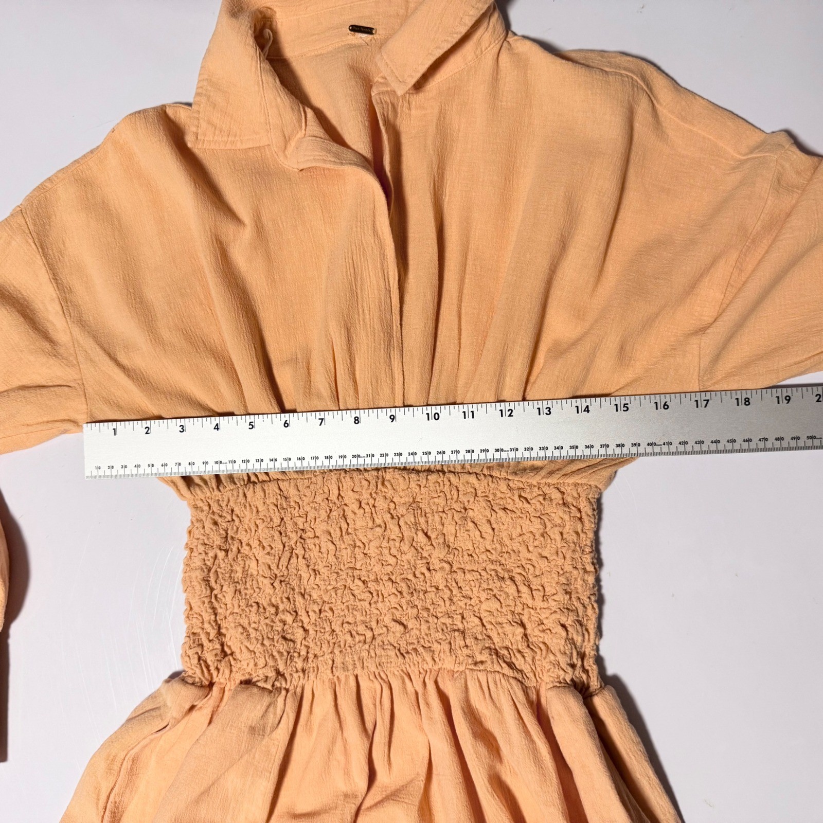 Free People Endless Summer Monika Peach Ruched Shirt Dress Smocked Waist XS Midi