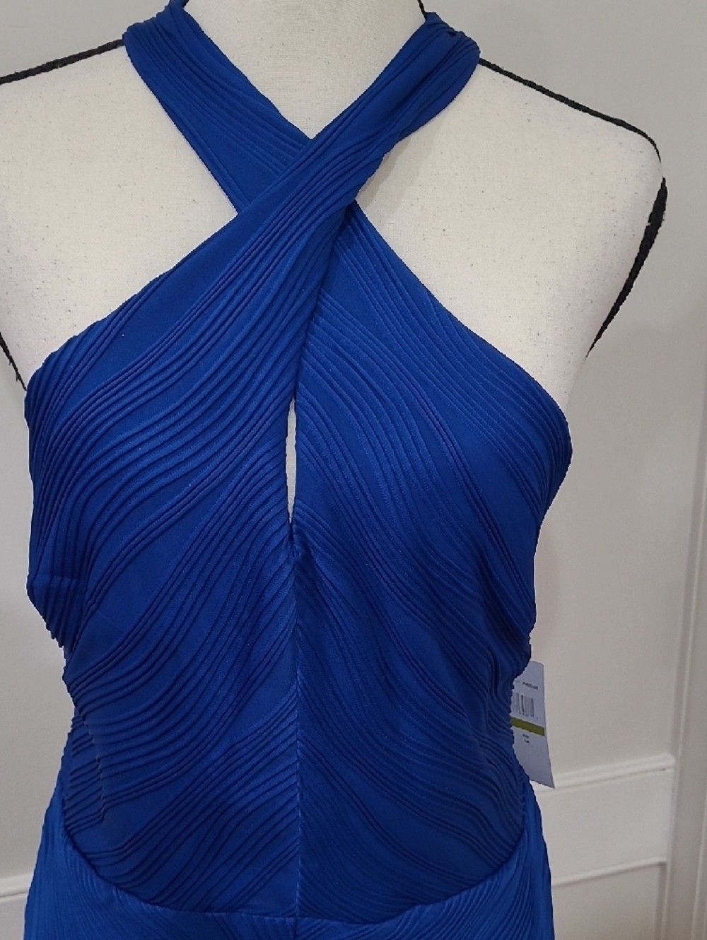 R&M Richards Short Scuba Ribknit Cross-Neck Halter Royal Blue Dress – Size 14