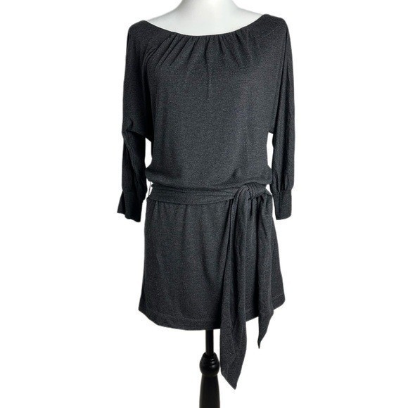 Banana Republic Boat Neck Pleated Tie Waist Charcoal Grey Dress Petite S