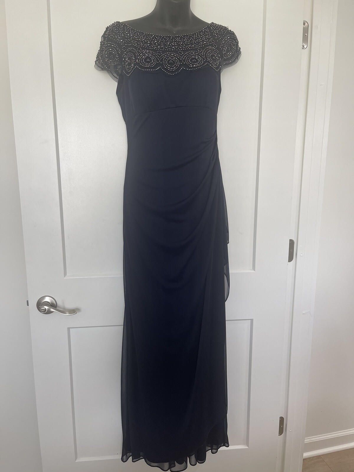 xscape Beaded Yoke, Cap Sleeve, Round Neck, Ruched Cascade Ruffle Side Gown