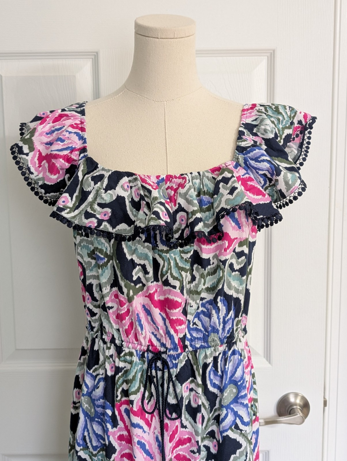 LOFT Floral Ruffle Square Neck Midi Dress women’s size S Pom Pom Resort Wear