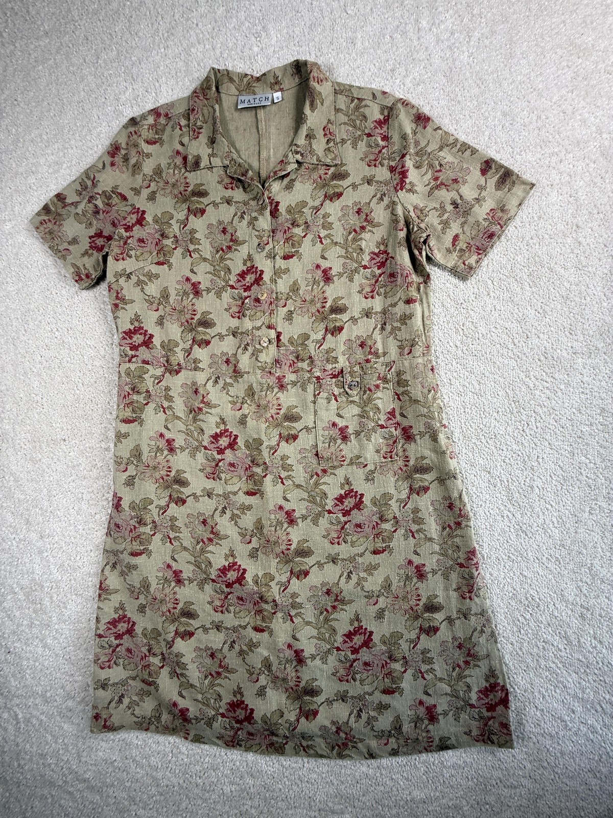 Match Dress Womens Small Beige Floral Linen Shirt Collared Pockets Made In USA