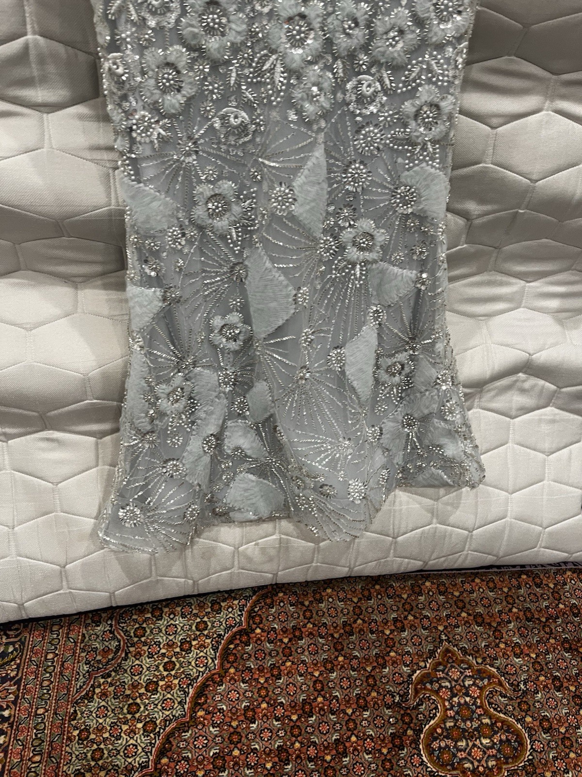 Terani Couture Silver Beaded Embroidered Mesh 3/4 Sleeve Long Gown Zip 10