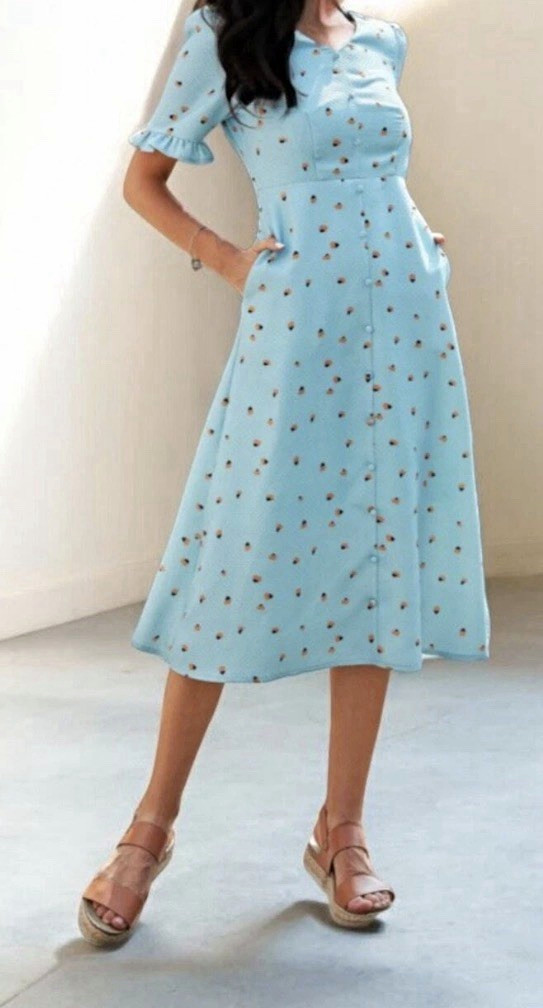 Vintage 60s Style Retro Blue Peach Fruit Pattern Day Dress, Small Petallush