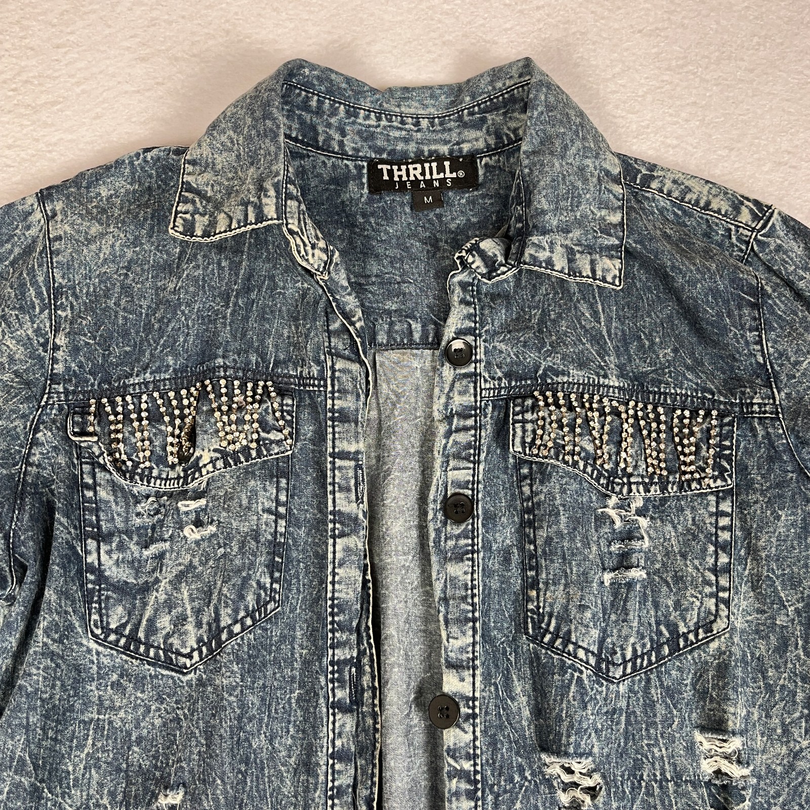 THRILL Distressed Denim Shirt Dress Women’s M Acid Wash Rhinestone Y2K Grunge