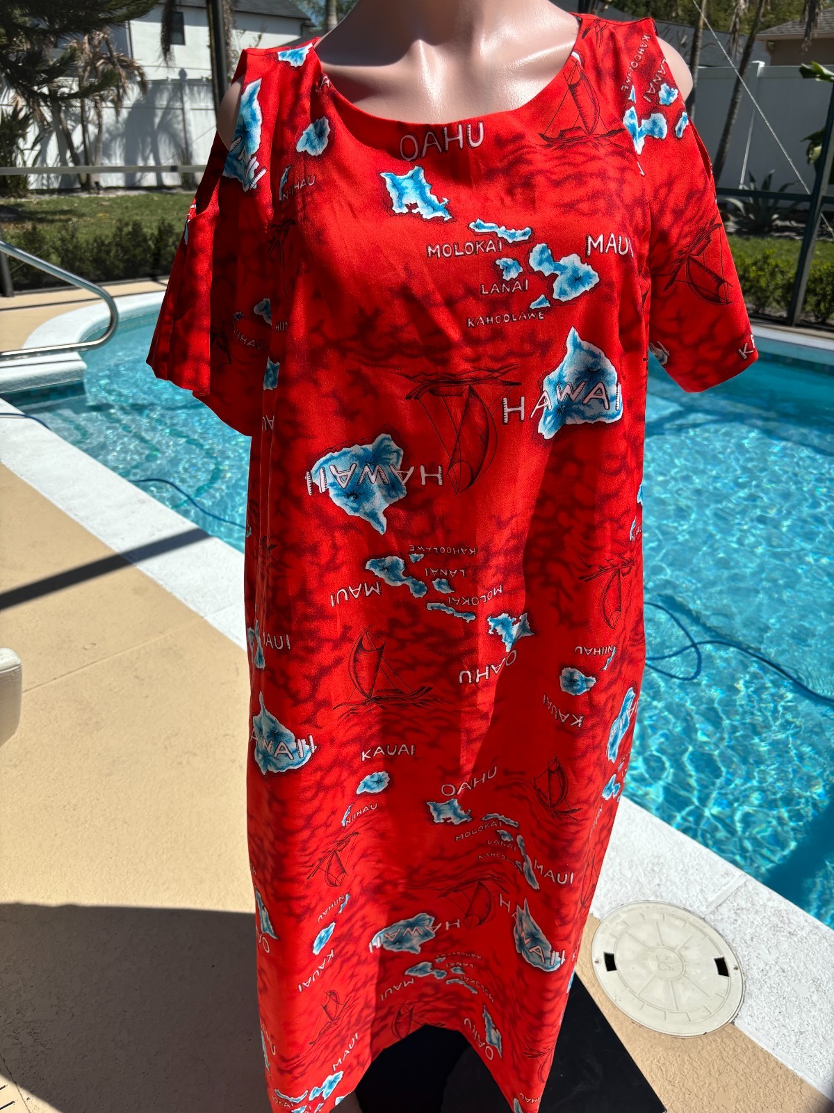 Vintage Hawaiian Kaftan Caftan MuuMuu Red Map Dress L Long Cold Shoulder Maxi