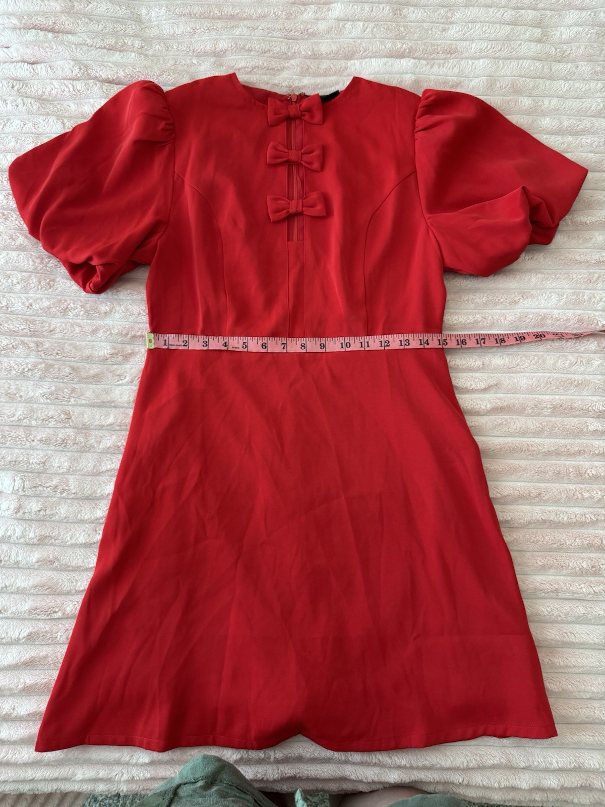 VICI Women’s M Red Solid Round Neck Puff Short Sleeve Bow A-Line Mini VCD34061