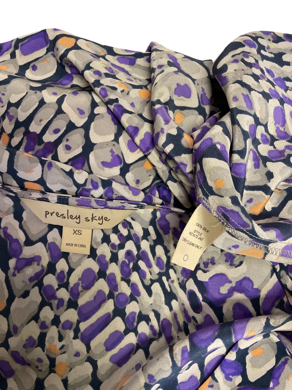 Presley Skye XS 100% Silk Abstract Print Wrap Dress W/ Belt Purple Peach & Grey