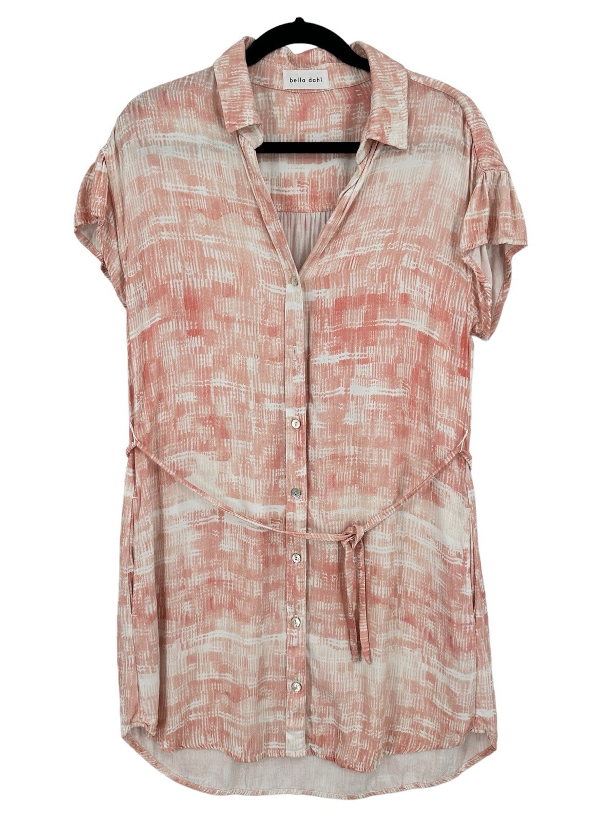 Bella Dahl Women’s Pink White Short-Sleeve Button Belted Shirt Dress READ