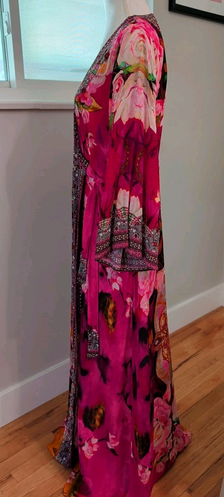 SHAHIDA PARIDES Rhinestone Beaded Wrap Maxi Dress Silk Sz M/L Floral Print Pink
