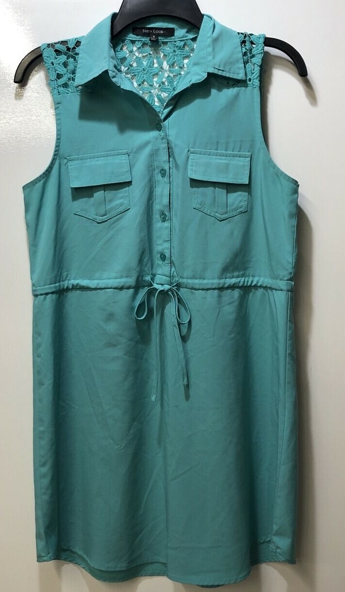 NEW LOOK (Size S) Sleeveless w/ Collar & Pockets 1/2 Button Tie Front Lacey Top