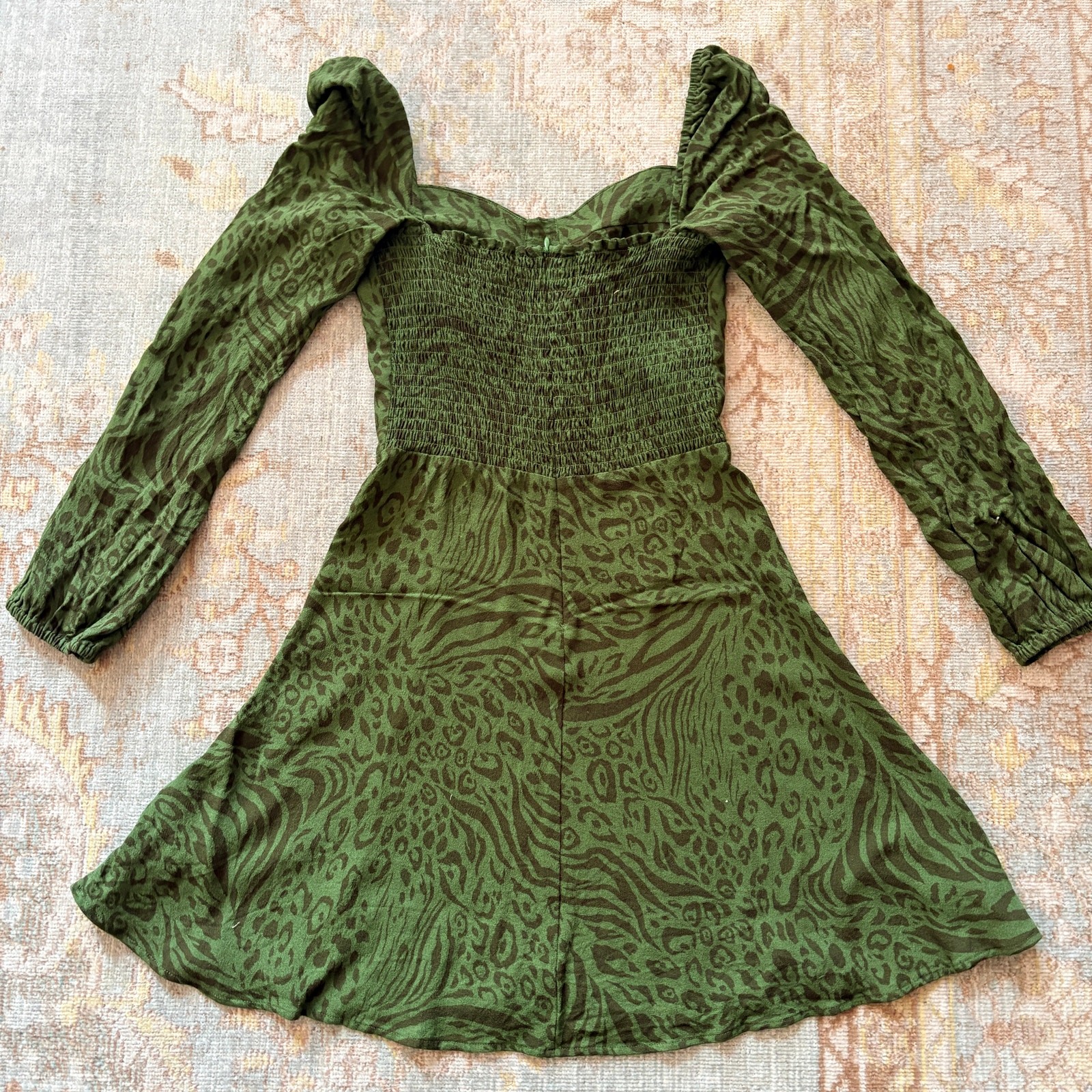 Reformation Mochi Jungle Animal Print Green Dress Size 0 Smocked Peasant Bustier