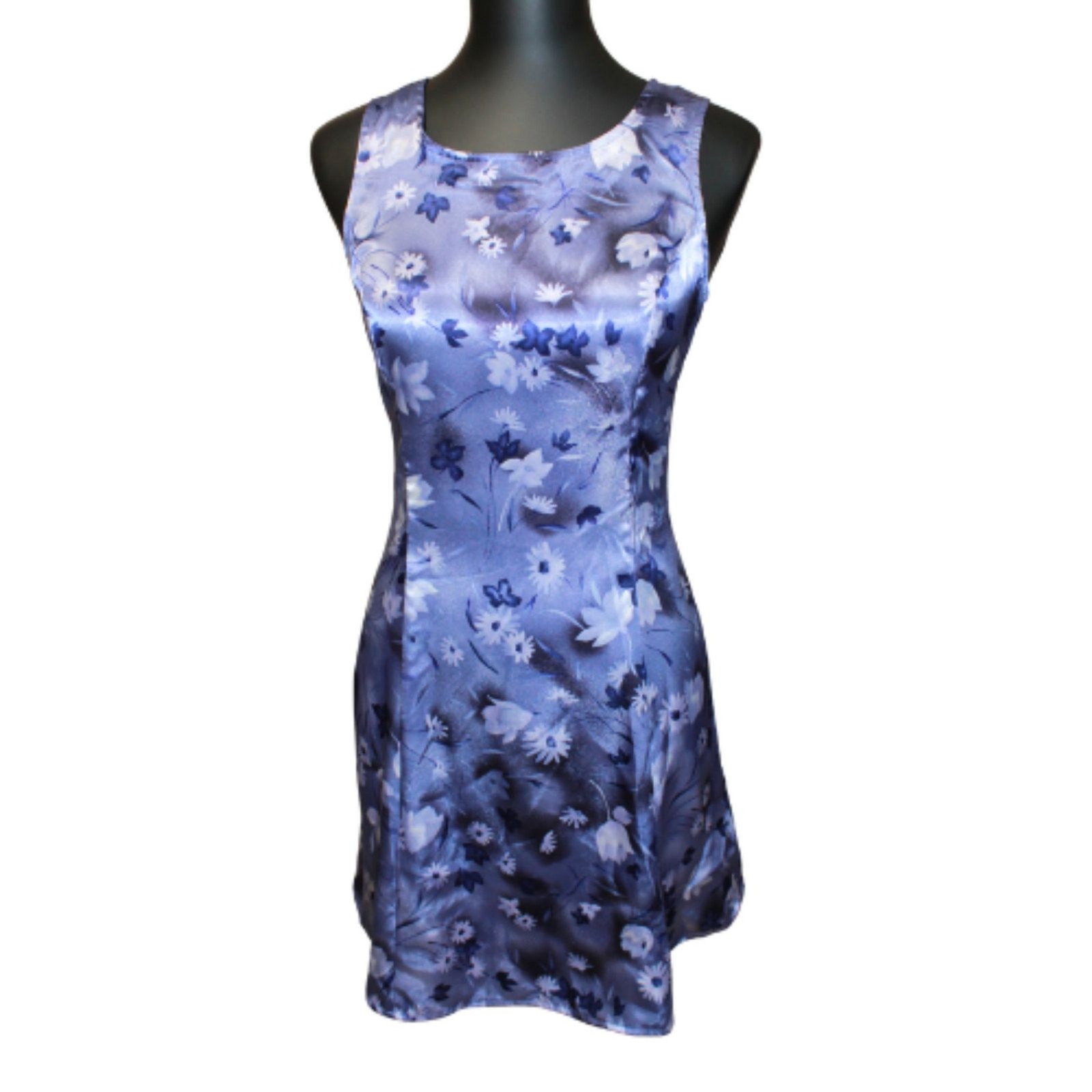 Vintage Blue Purple Floral Satin Mini Sleeveless Slip Dress Corset Tie Back