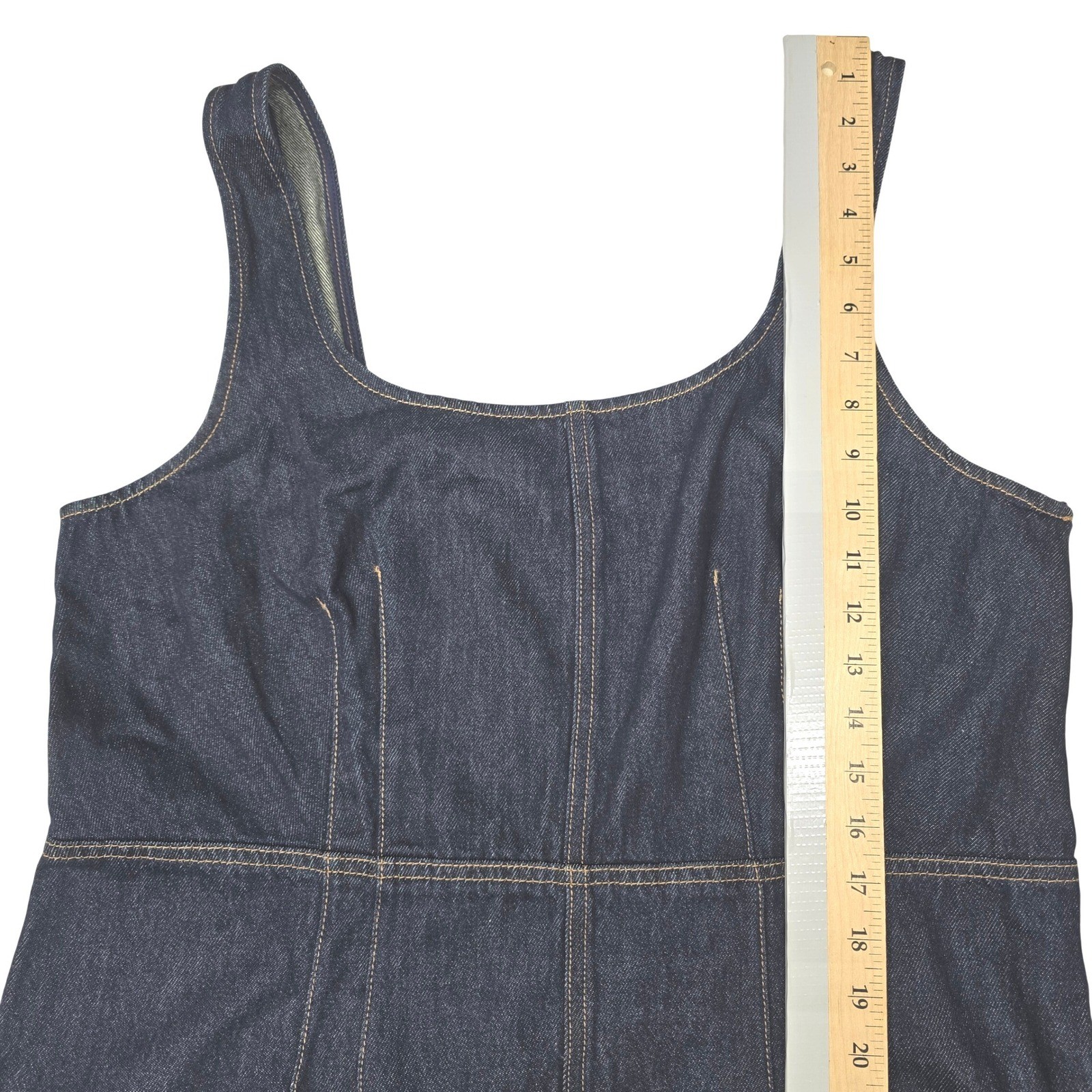 Future Collective Dark Wash Denim Midi Dress Square Neck Smocked Back XL Indigo