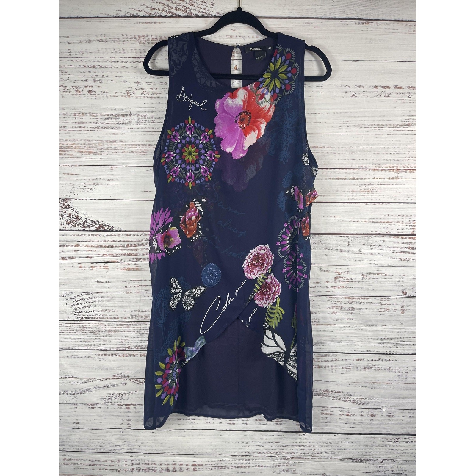 Desigual Dress SZ40 US M Navy Blue Floral Sleeveless Summer Tunic Colorful Print