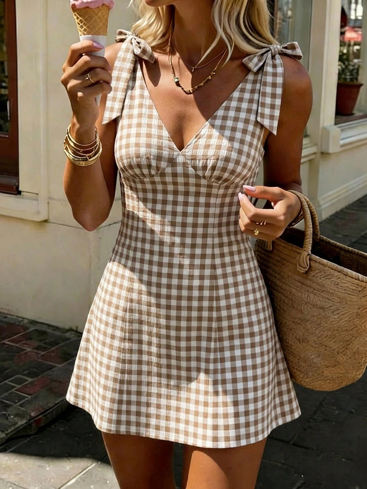 Elegant Ladies Check Bow Mini Dress