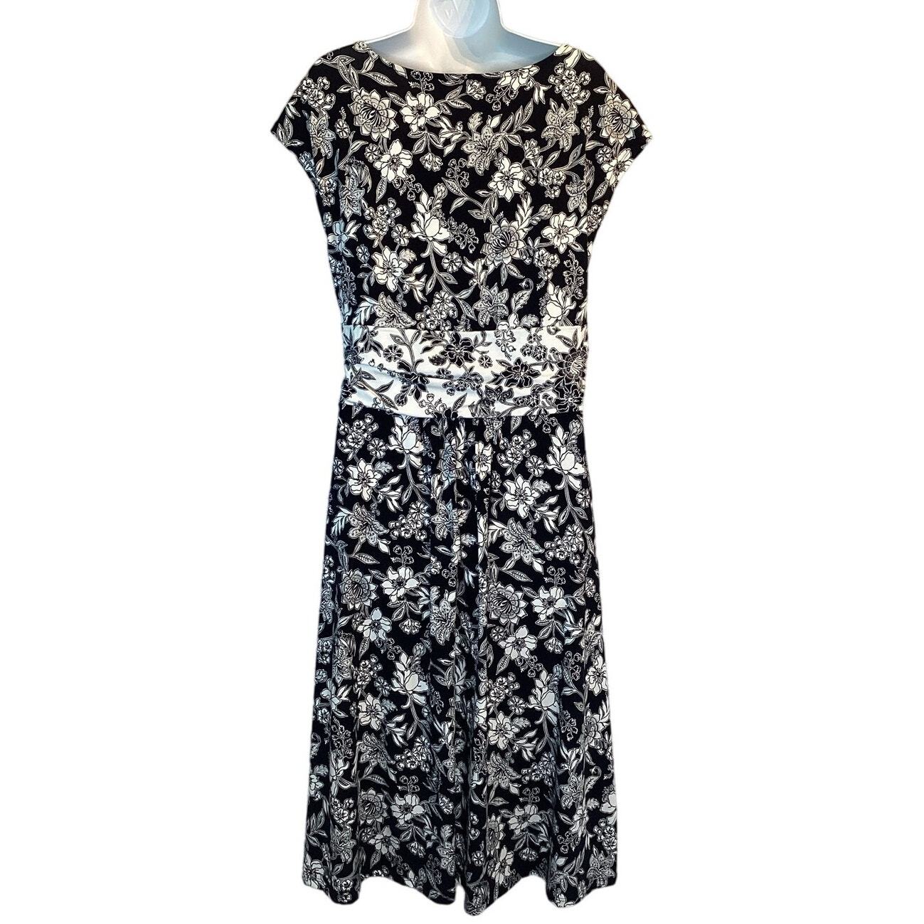 Lands End Knee Length Floral Pull Over Knit Sheath Dress Black White 10 or M