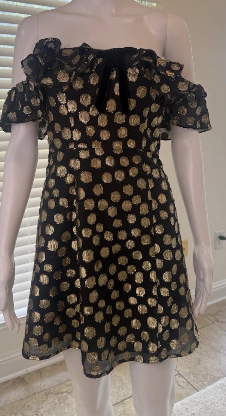 For Love & Lemons Lottie Ruffle Off the Shoulder Mini Dress in Gold Dot Size S