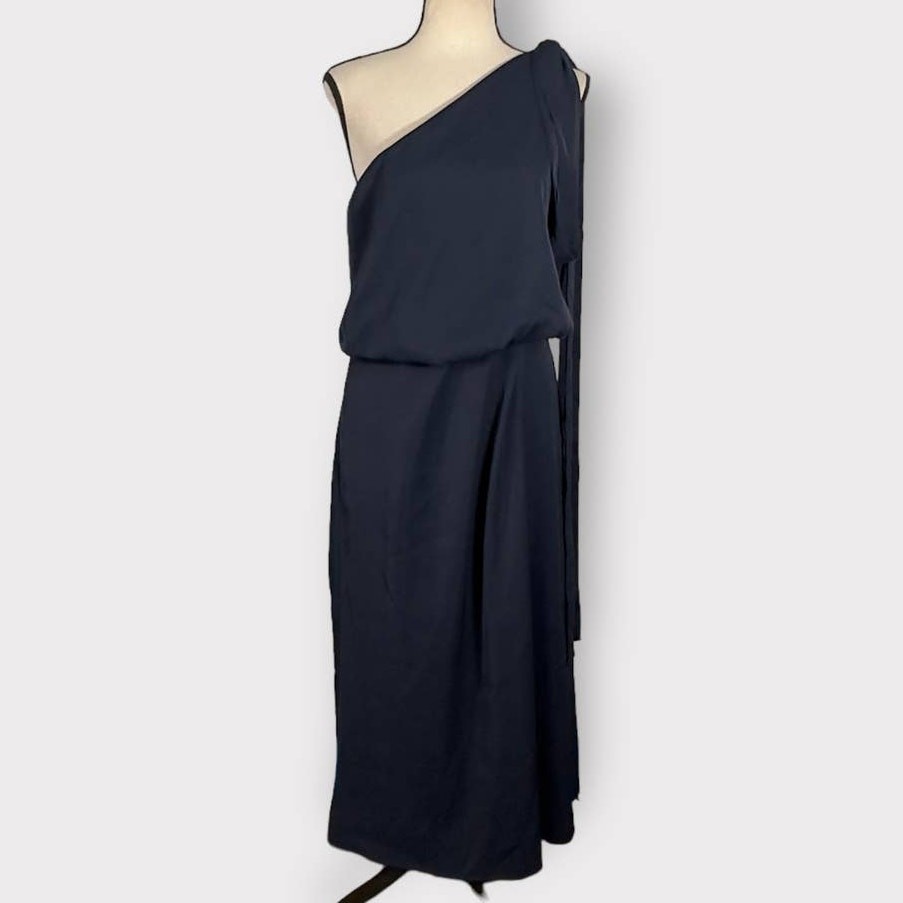 AMYLYNN Navy Blue One Shoulder Satin Midi Dress Women’s Size Medium NWOT