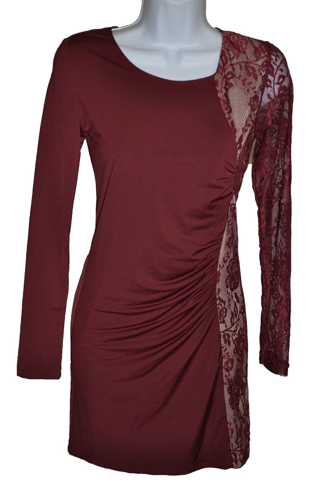 Doubleju Womens Ruched Sexy Laced Side Bodycon Stretch Mini Dress, Red Wine ,XS