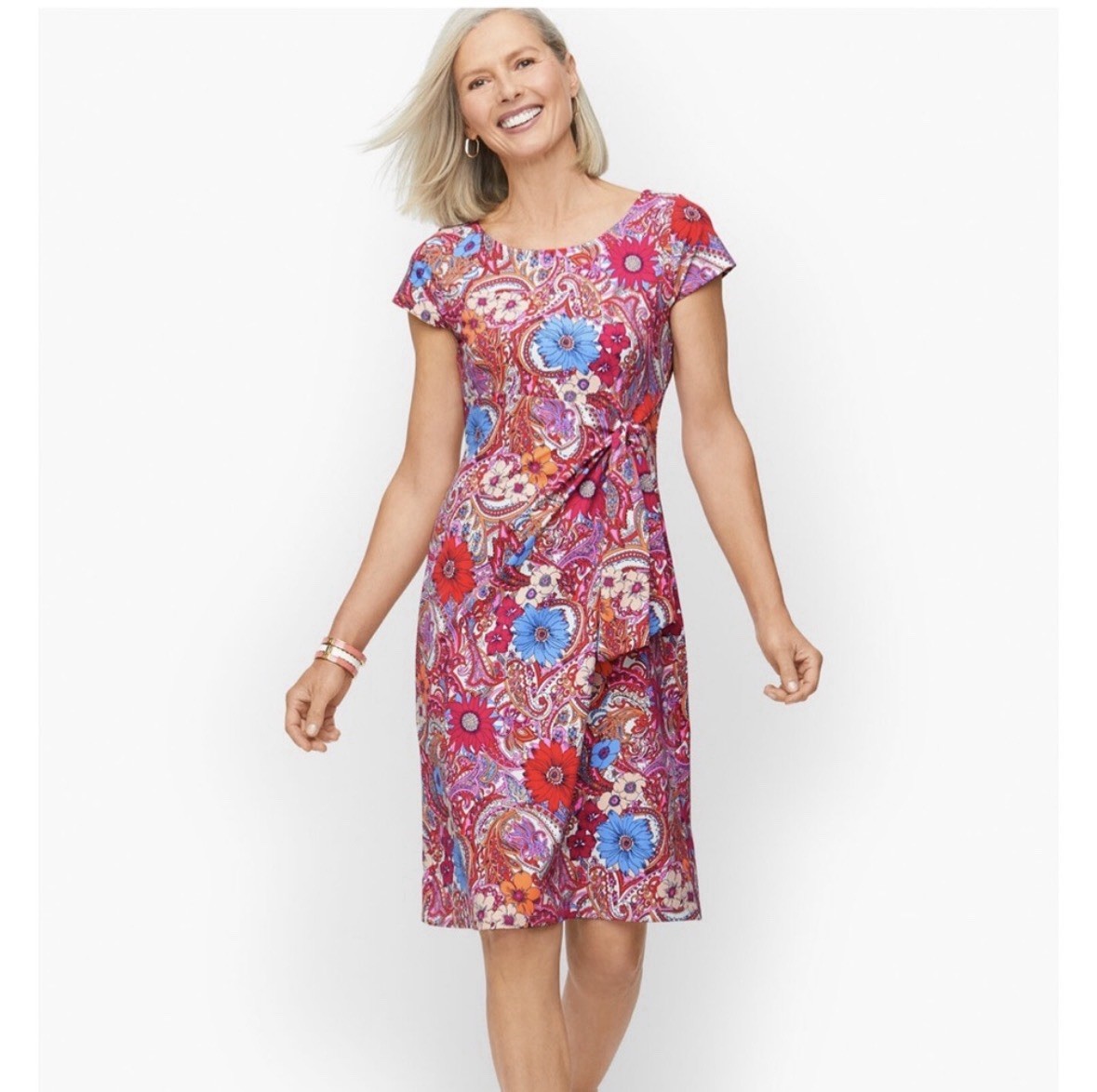 Talbots Paisley Floral Stretch Faux Wrap Side Tie Dress Size XL 100% Cotton