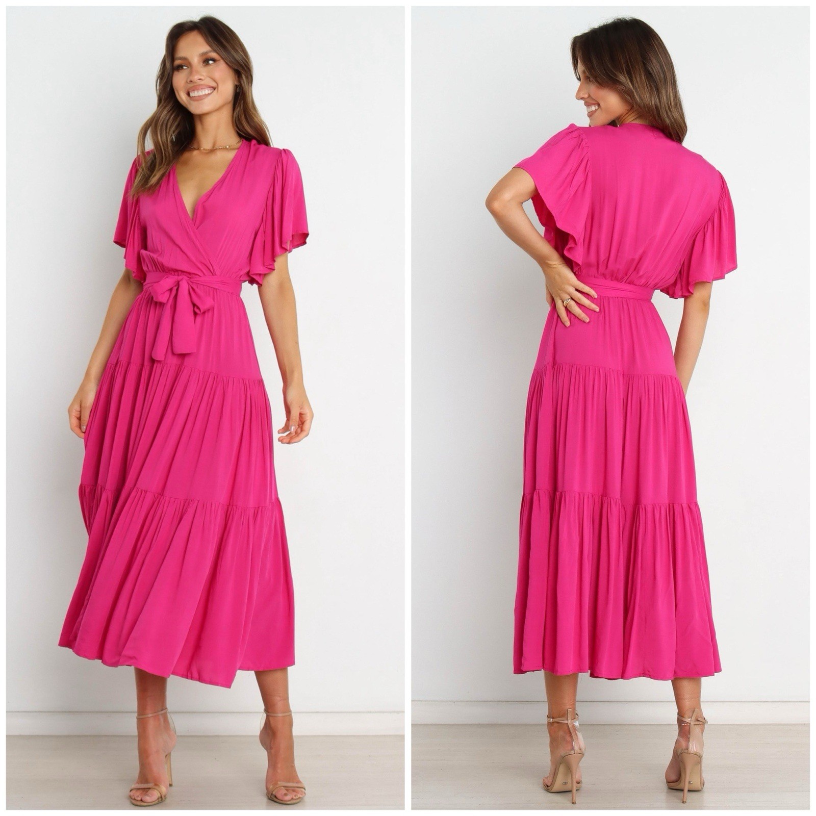 Petal and Pup Womens Pink Feminine Barker Tier Wrap Belted Whimsy Sun Dress Sz M