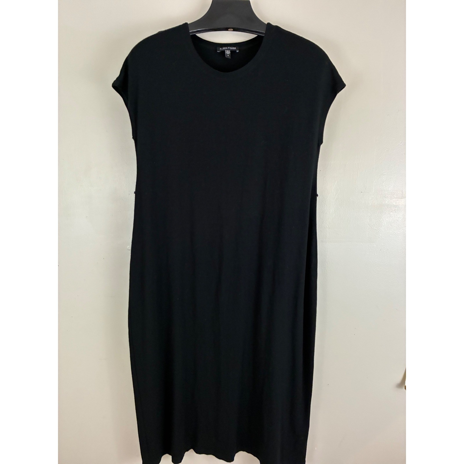 Eileen Fisher Shift Dress Womens Small Black Cap Sleeve Jersey Knit Minimalist