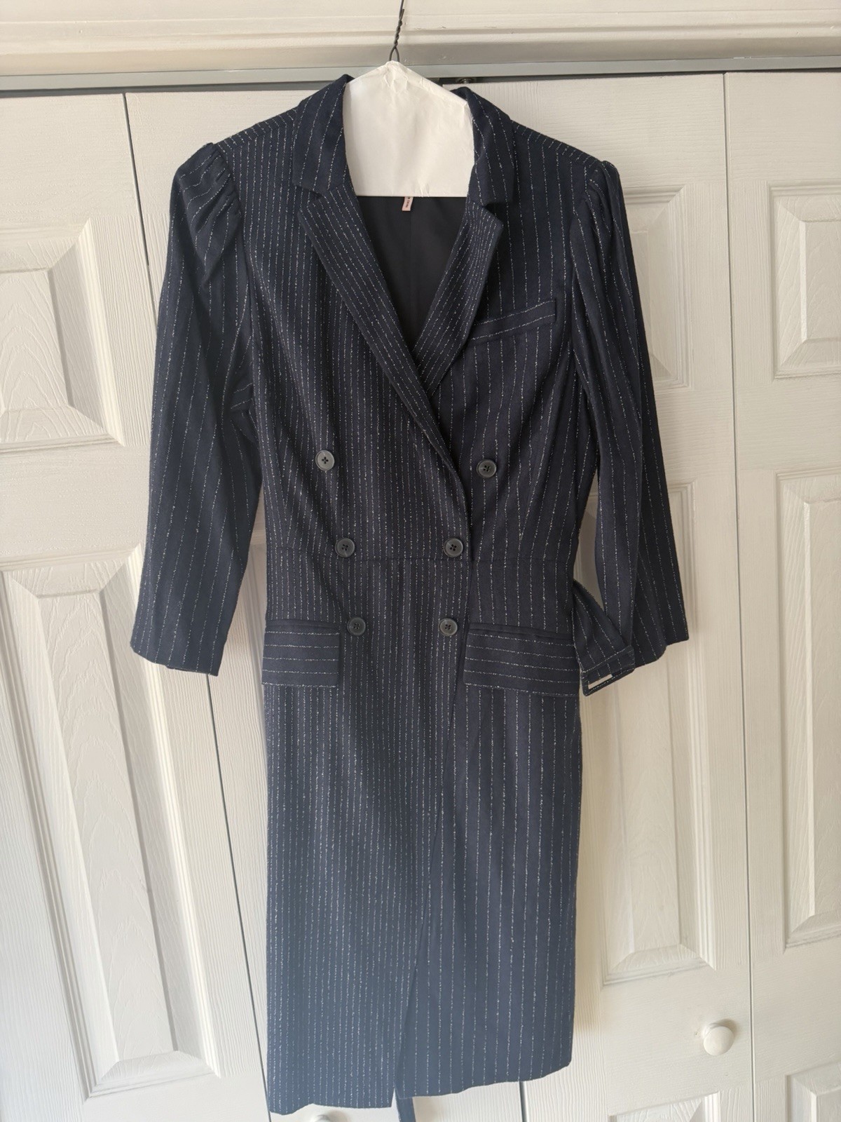 Rebecca Taylor Blue Pinstripe Sheath Pencil Dress Belted Button Front Size 6