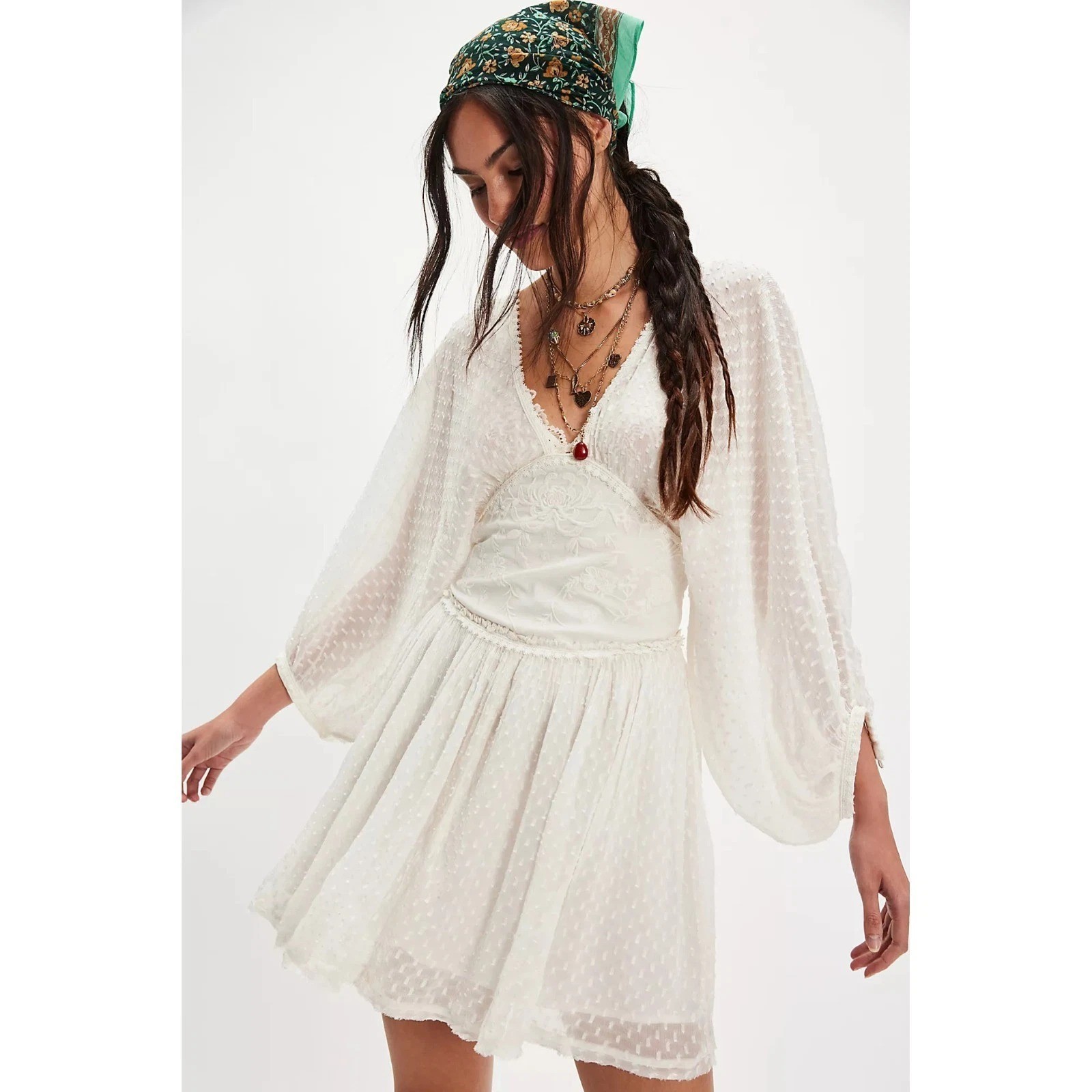 Free People Sweet Dreams Mini Dress Floral Embroidered Smocked Lace L New 285393